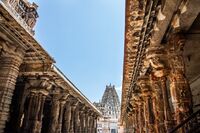 Inner courtyard and pillared halls (mandapas) of the Virupaksha Temple complex, Hampi.